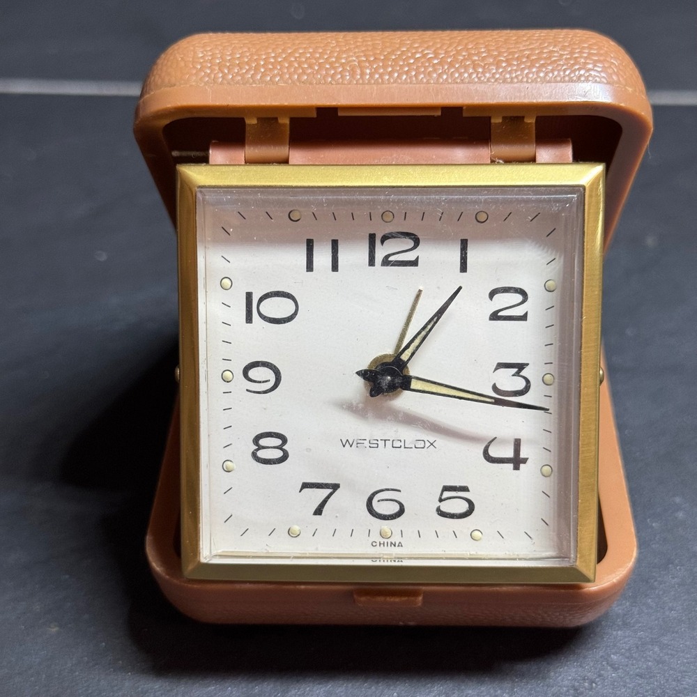 Westclox Vintage Travel Alarm Clock Manual Wind Up Tan Folding Case Square Face